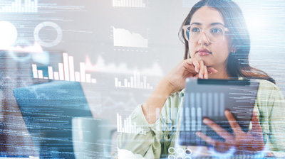 Woman, thinking and overlay of data analytics, tablet and laptop for research in business management. Future technology, hologram with graphs and charts, trader at desk in office with digital info.